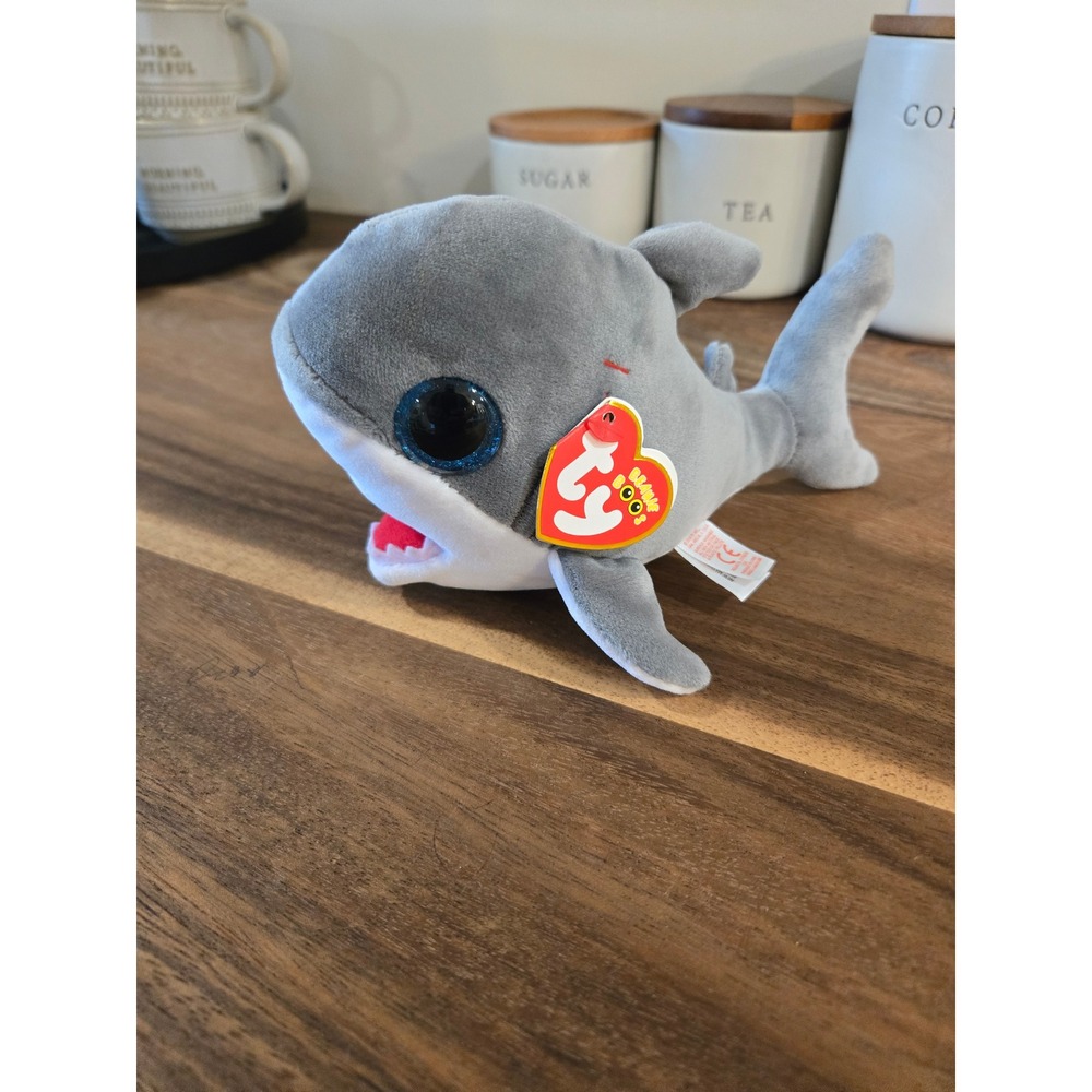 Ty Beanie Boos Finnegan the Shark Grey Plush Stuffed Animal with Glitter Eyes
